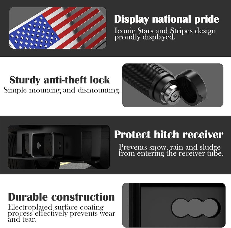 OGYE 2 Inch Trailer Hitch Cover with American Flag, Heavy Metal Trailer Hitch Cover Fit for 2 Inch Hitch Receivers (with 5/8" Pin Dia Anti-Theft Trailer Hitch Lock),3 * 5" Blue/Red/Chrome - Image 3